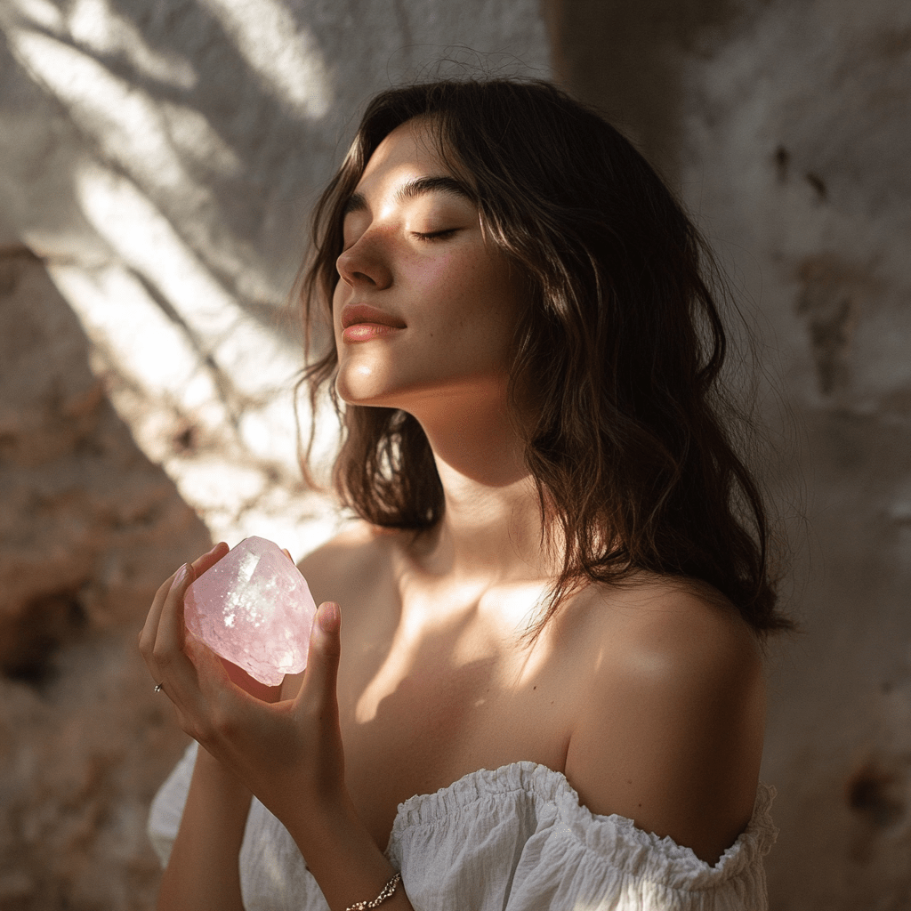 a womann holding a raw Rose quartz manifest love
