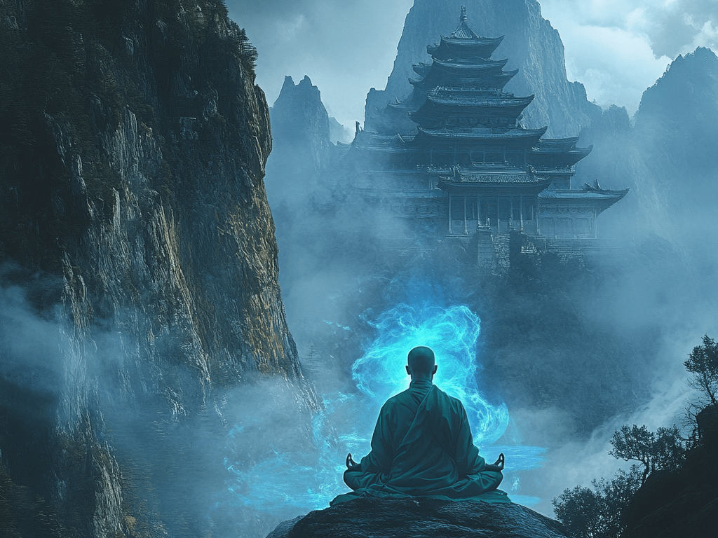 aura cleansing :a man sitting on a rock with a temple in the background