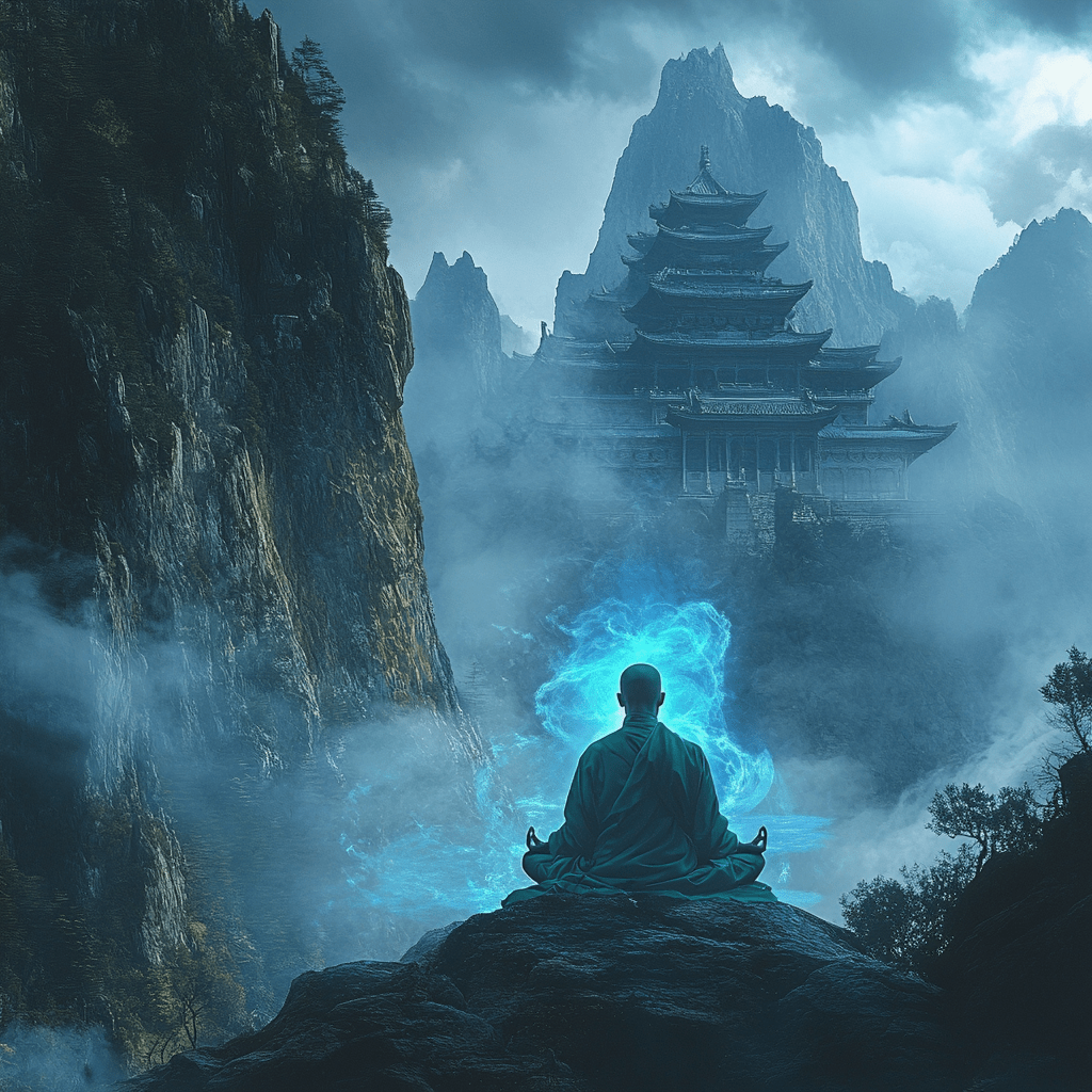 aura cleansing :a man sitting on a rock with a temple in the background
