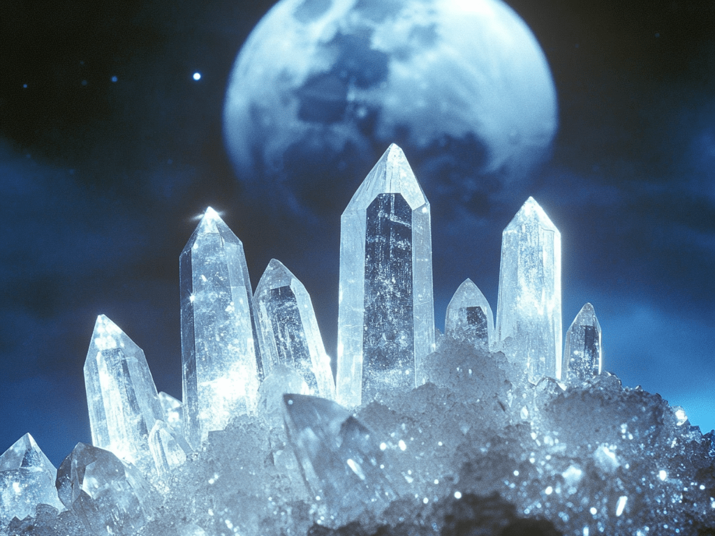 a group of clear crystals in front of a moon