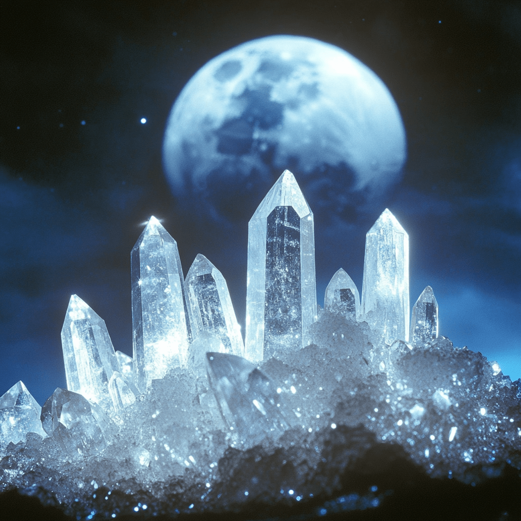 a group of clear crystals in front of a moon