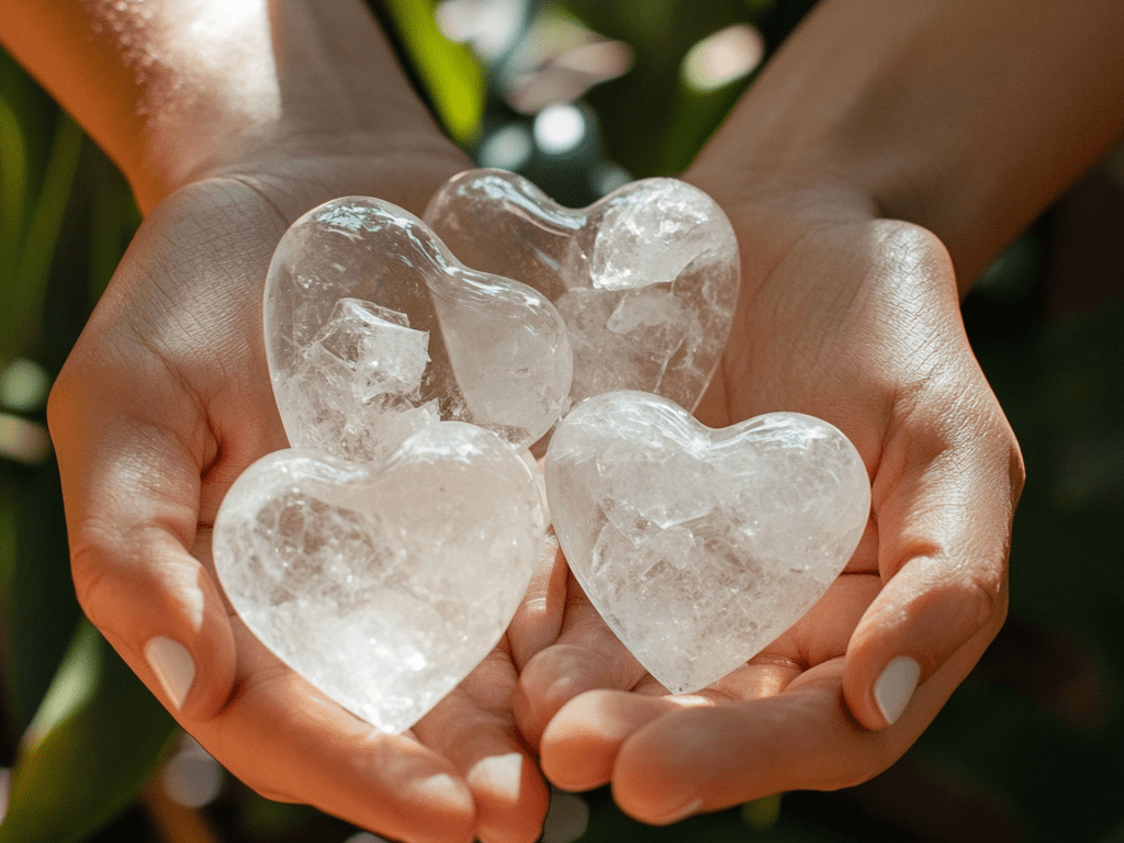 Crystals for Self-Love, a head holding heart shaped crystals