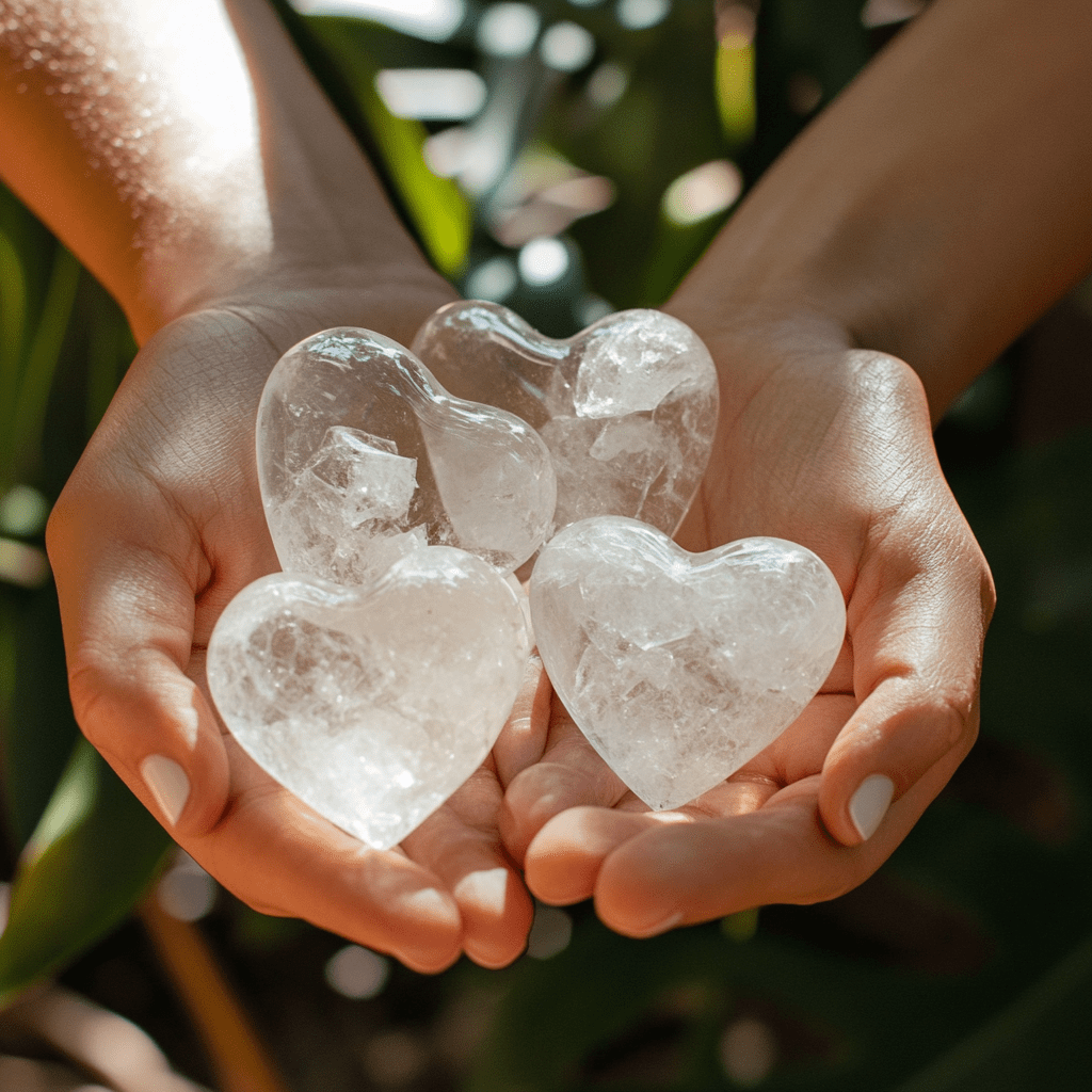 Crystals for Self-Love, a head holding heart shaped crystals