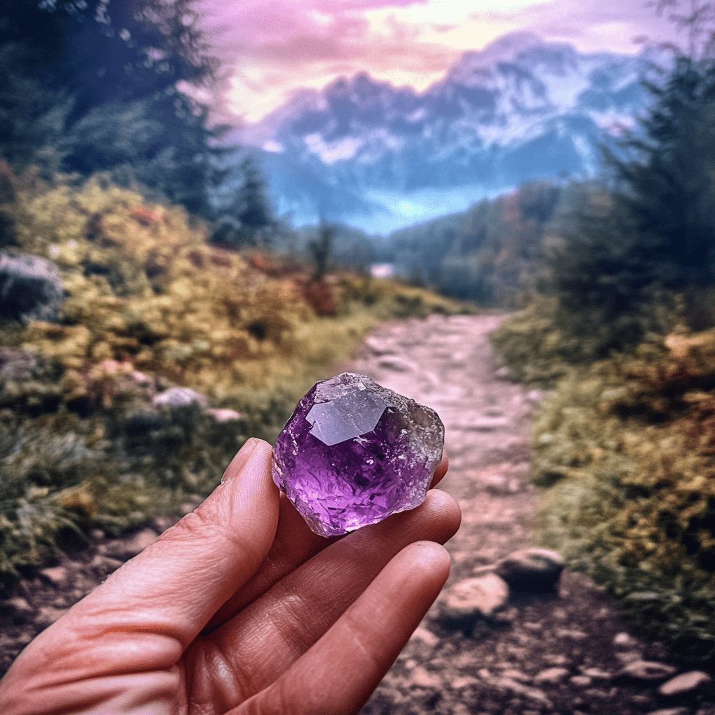 crystals for safe travel, a guy holding a amethyst crystal